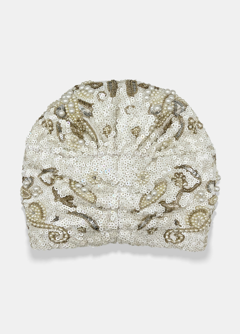 Hand embellished pearl turban in ivory tones designed by Maryjane Claverol