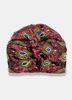 Hand made luxury turban in burgundy color designed by Maryjane cCaverol