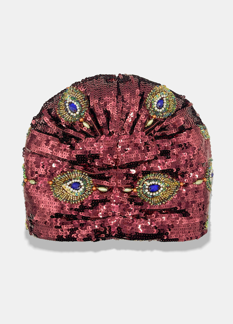 Hand made luxury turban in burgundy color designed by Maryjane cCaverol