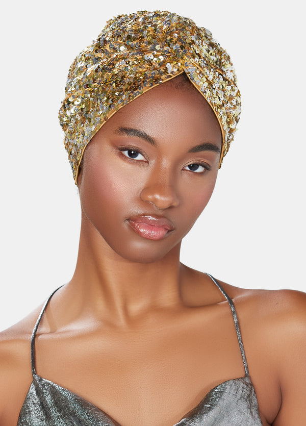 luxury hand embellished turban made in gold and silver sequins