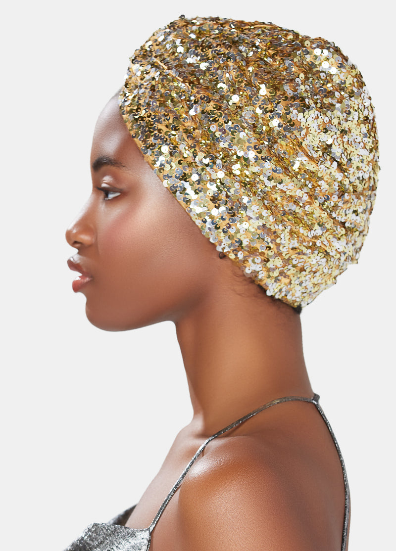 luxury hand embellished turban made in gold and silver sequins