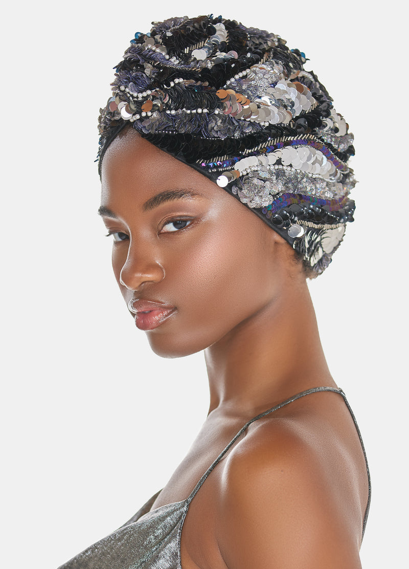 Black and silver sequin luxury turban