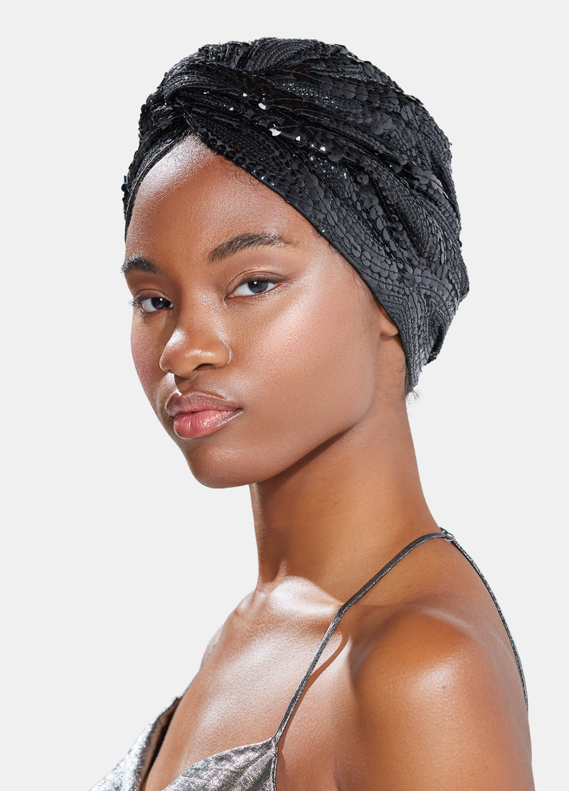 hand made luxury embroidered turban in black designed by Maryjane Claverol