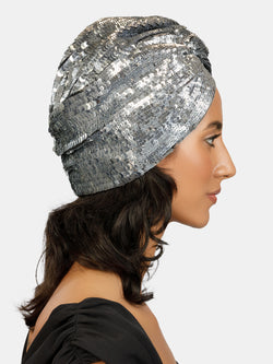 Gold sequin luxury turban. Sparkly sequins, hand embroidered on black stretch fabric designed by Maryjane Claverol.