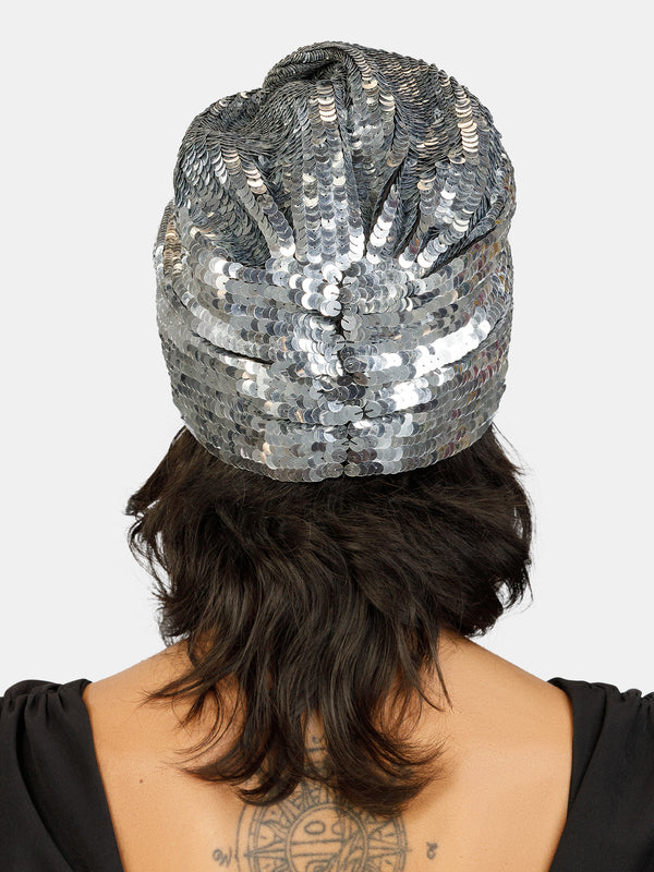 Gold sequin luxury turban. Sparkly sequins, hand embroidered on black stretch fabric designed by Maryjane Claverol.