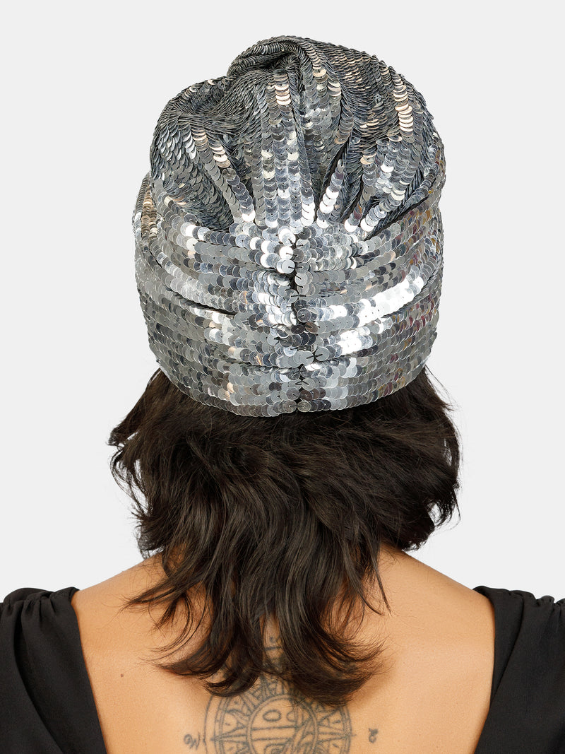 Silver sequin luxury turban. Sparkly sequins, hand embroidered on black stretch fabric designed by Maryjane Claverol.