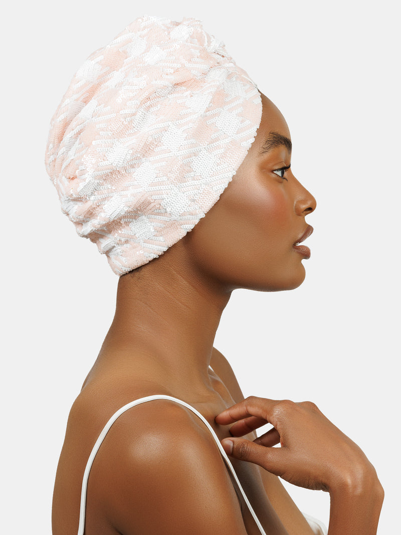 Checkered sequin embellished turban designed by Maryjane Claverol