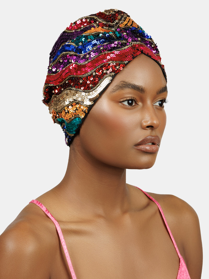 Rainbow Sequin turban designed by Maryjane Claverol