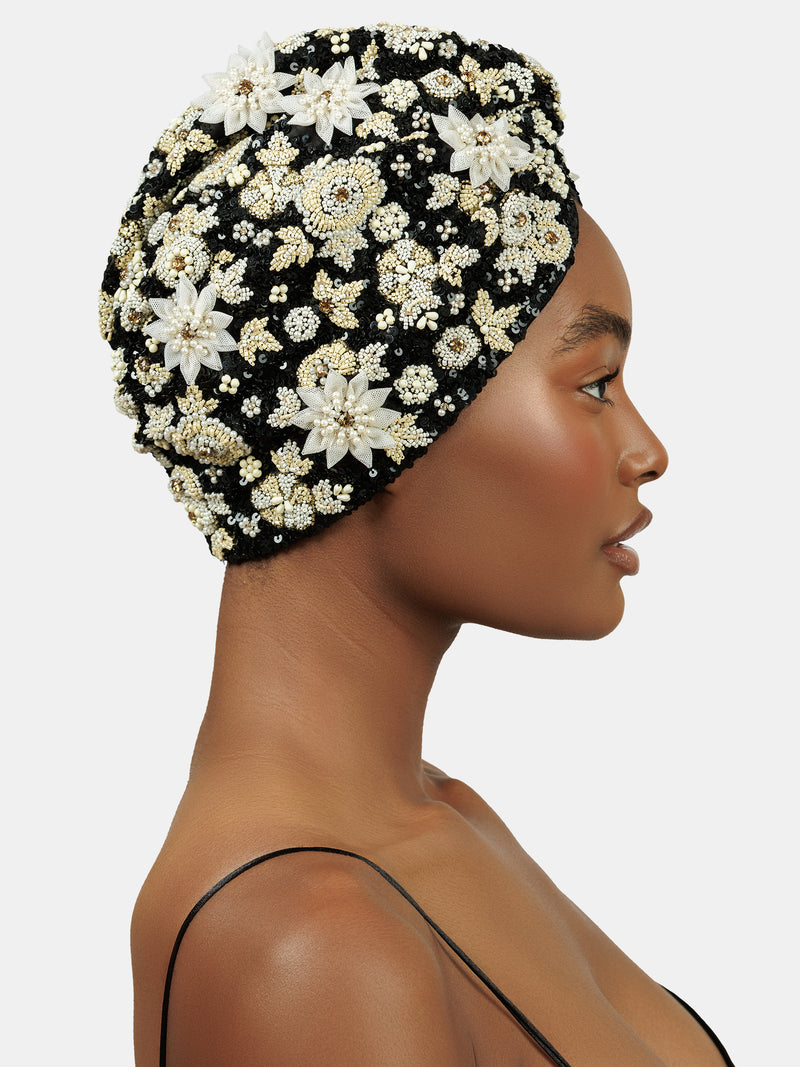 Black and white flower turban designed by Maryjane Claverol