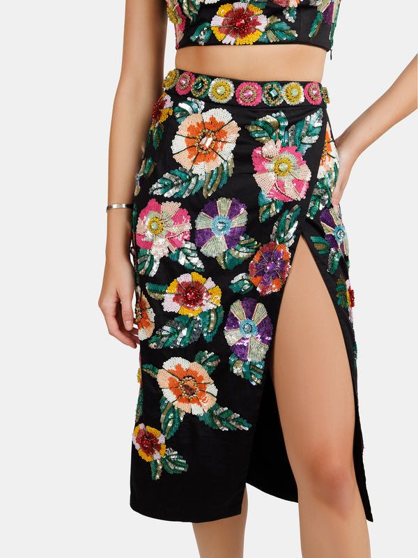 Sequin embellished pencil skirt with colorful flower motifs designed by Maryjane Claverol