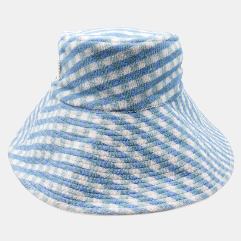 Foppy wide brim, picnic check terry cloth bucket hat designed by Maryjane Claverol  Edit alt text