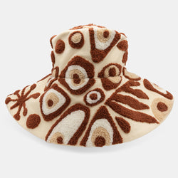 Abstract motif embroidered bucket hat. Wide floppy brim.
