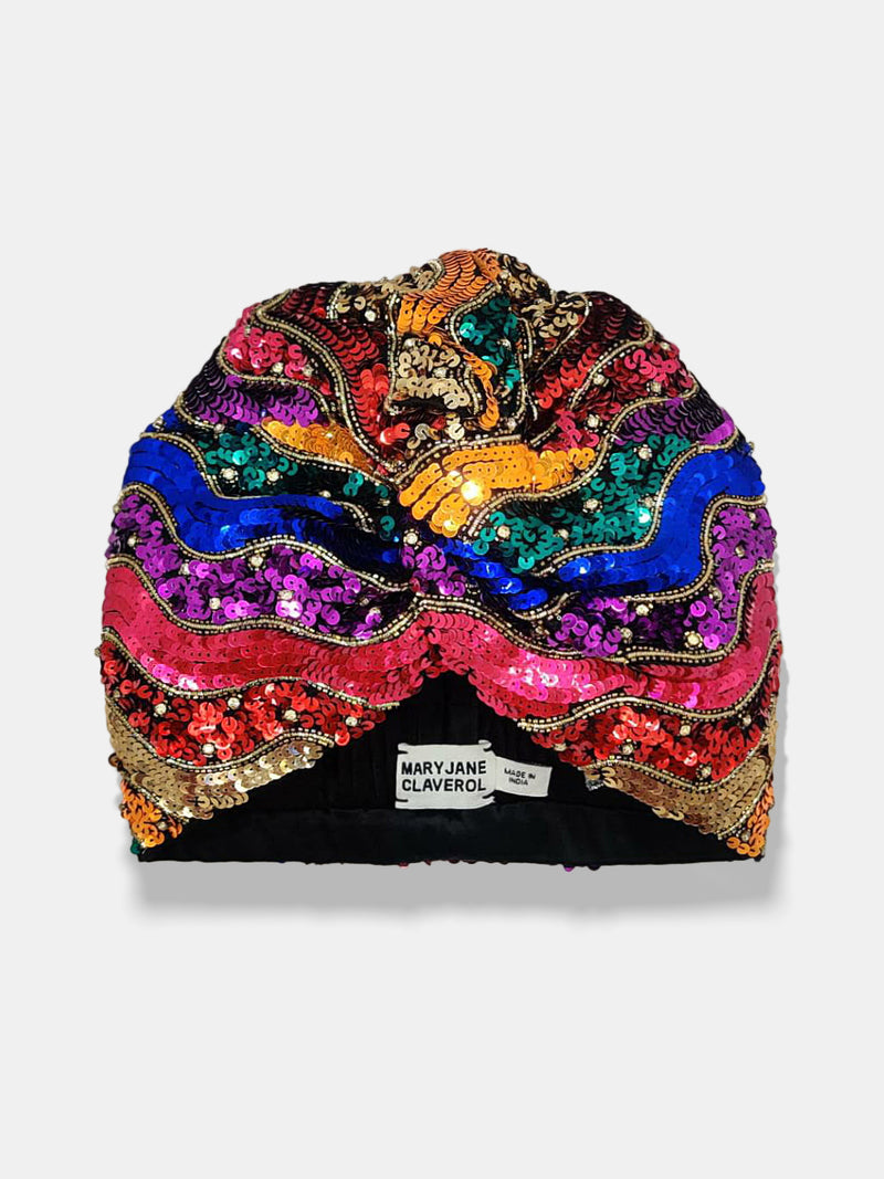Rainbow Sequin turban designed by Maryjane Claverol