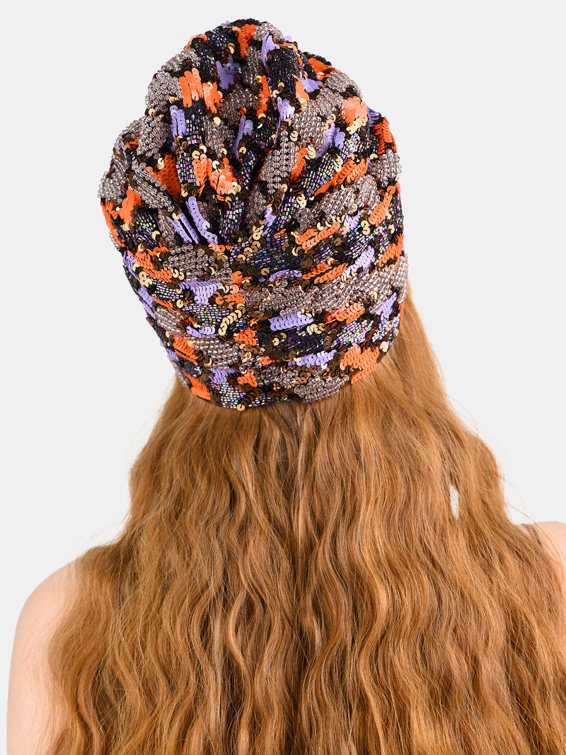 Red and lavender turban designed by Maryjane Claverol 