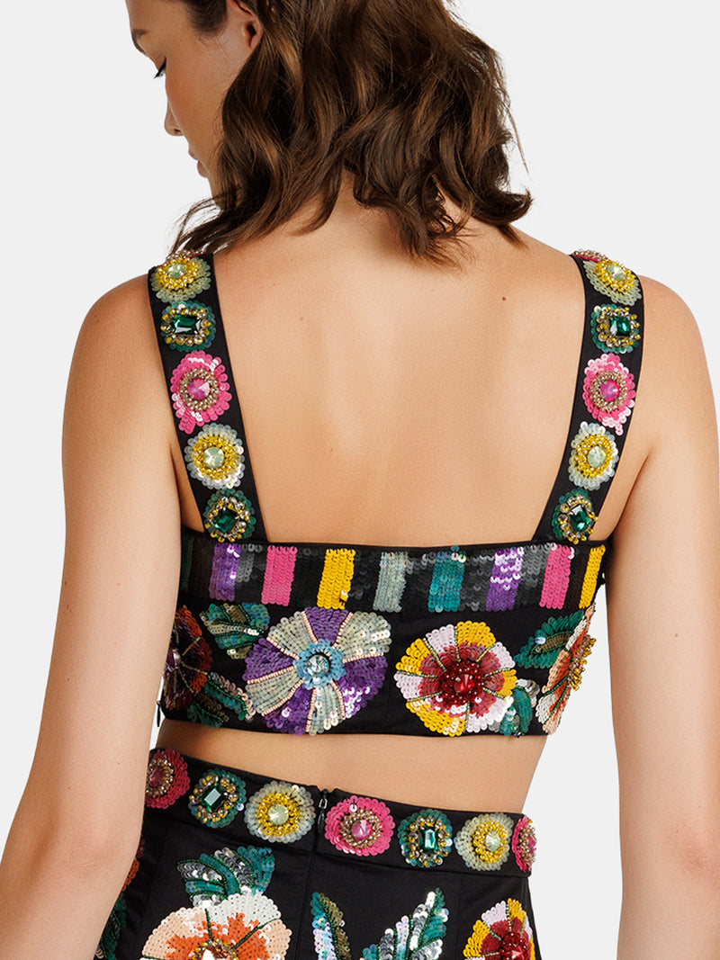 Colorful flower embellished crop top designed by Maryjane Claverol