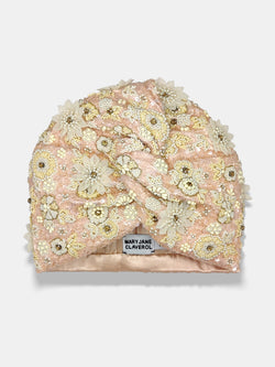 Hand made sequin-embellished peach color turban with a tridimensional tonal flower pattern design by Maryjane Claverol