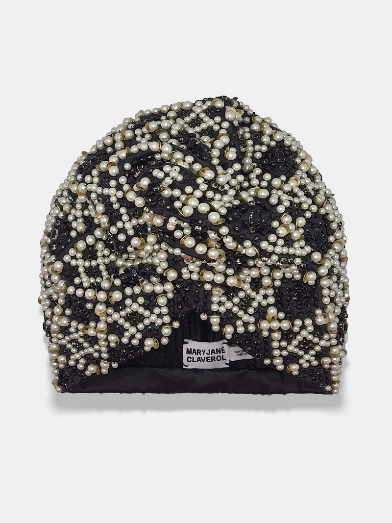 Hand made sequin-embellished black turban with geometric white pearl design by Maryjane Claverol