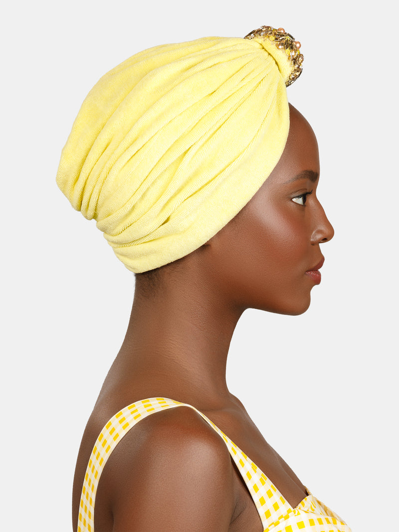 extra soft and comfortable chemo turban designed by Maryjane Claverol, stretchy cotton with soft viscose lining with a high luxury design